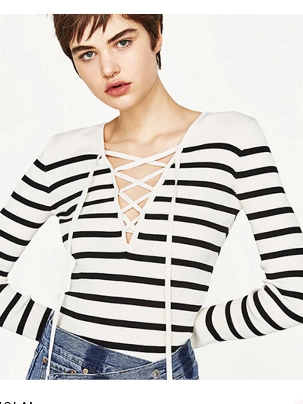 Zara Vneck Cream and Black Striped Knit Top